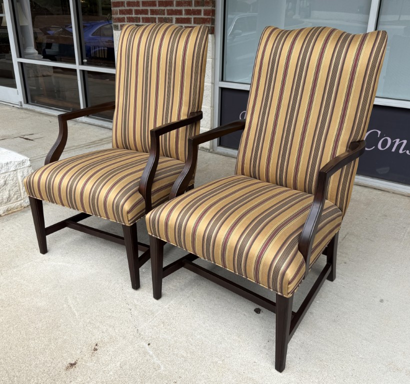 Pair of Ethan Allen High Back Arm Chairs with Striped Upholstery Pair of Ethan Allen High Back Arm Chairs with Striped Upholstery