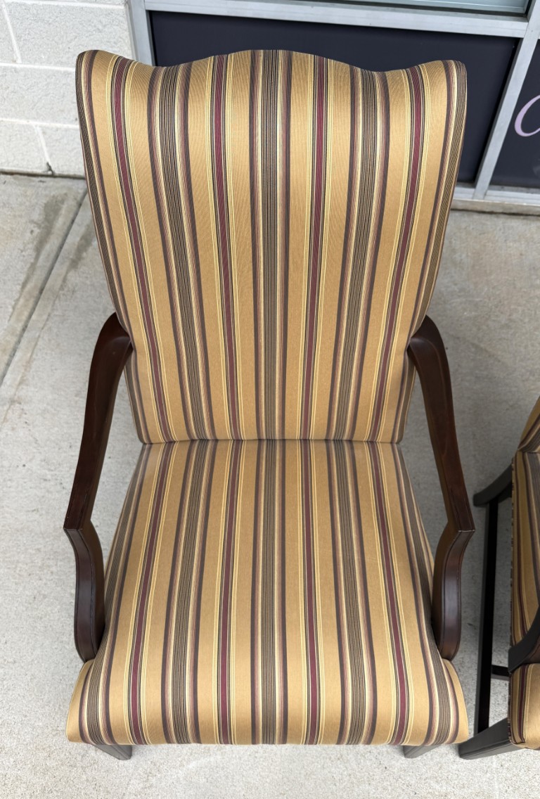 Pair of Ethan Allen High Back Arm Chairs with Striped Upholstery Pair of Ethan Allen High Back Arm Chairs with Striped Upholstery