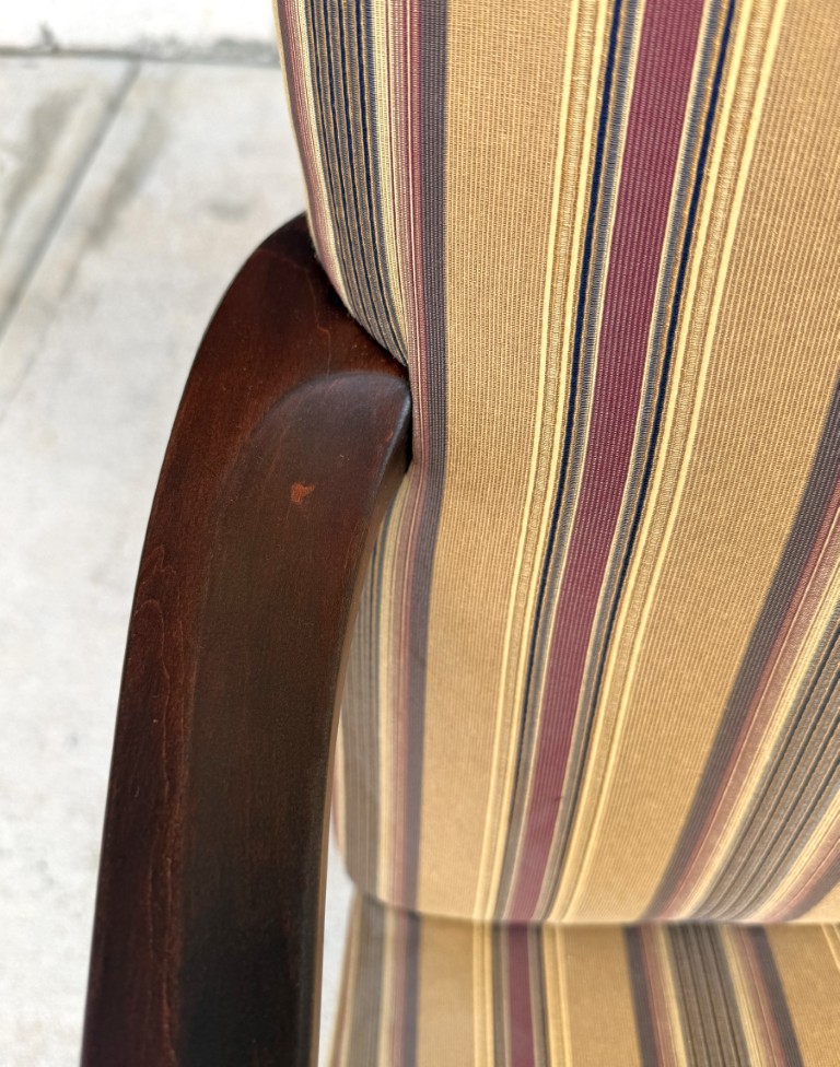 Pair of Ethan Allen High Back Arm Chairs with Striped Upholstery Pair of Ethan Allen High Back Arm Chairs with Striped Upholstery