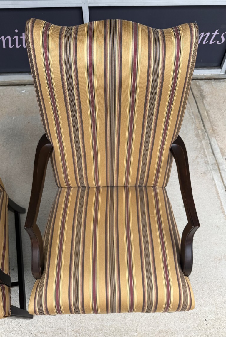 Pair of Ethan Allen High Back Arm Chairs with Striped Upholstery Pair of Ethan Allen High Back Arm Chairs with Striped Upholstery