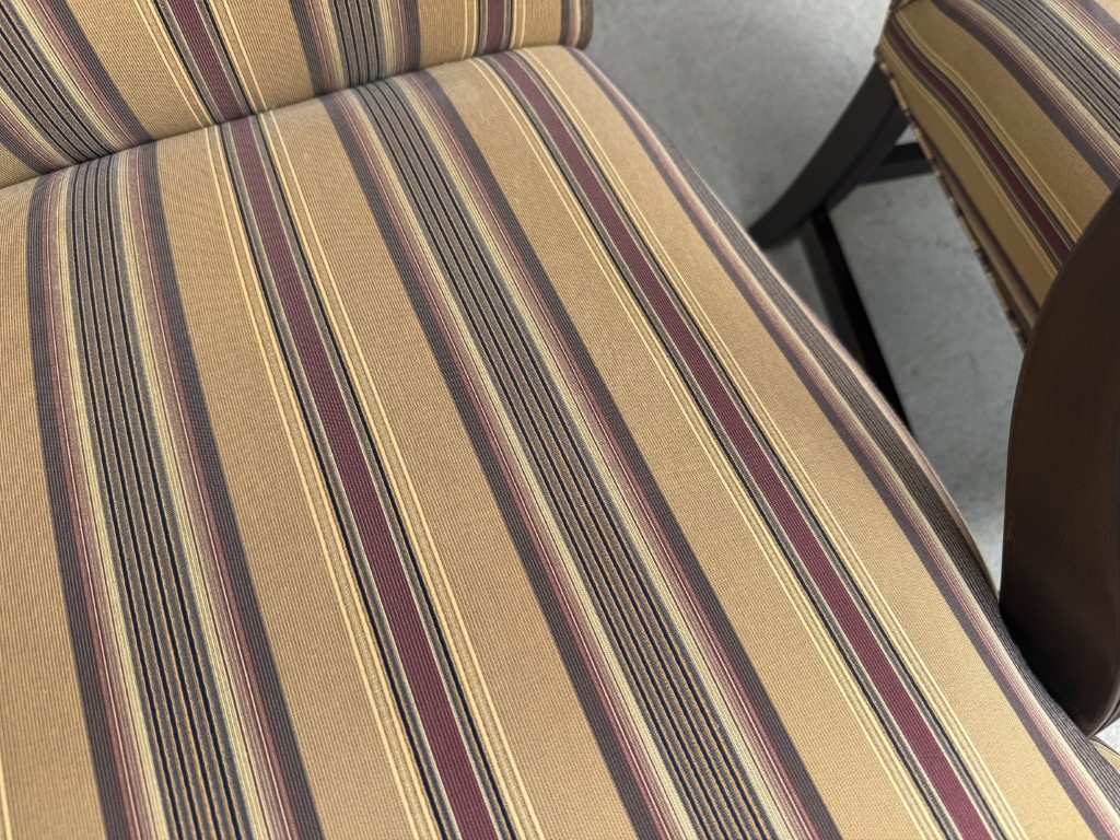 Pair of Ethan Allen High Back Arm Chairs with Striped Upholstery Pair of Ethan Allen High Back Arm Chairs with Striped Upholstery