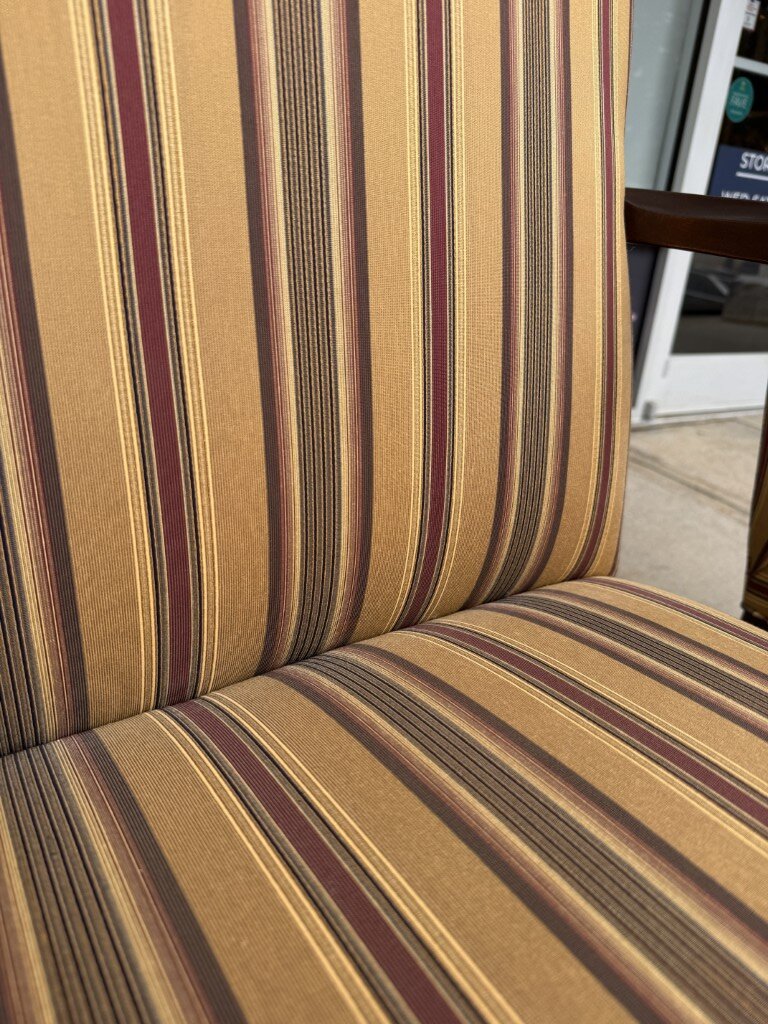 Pair of Ethan Allen High Back Arm Chairs with Striped Upholstery Pair of Ethan Allen High Back Arm Chairs with Striped Upholstery