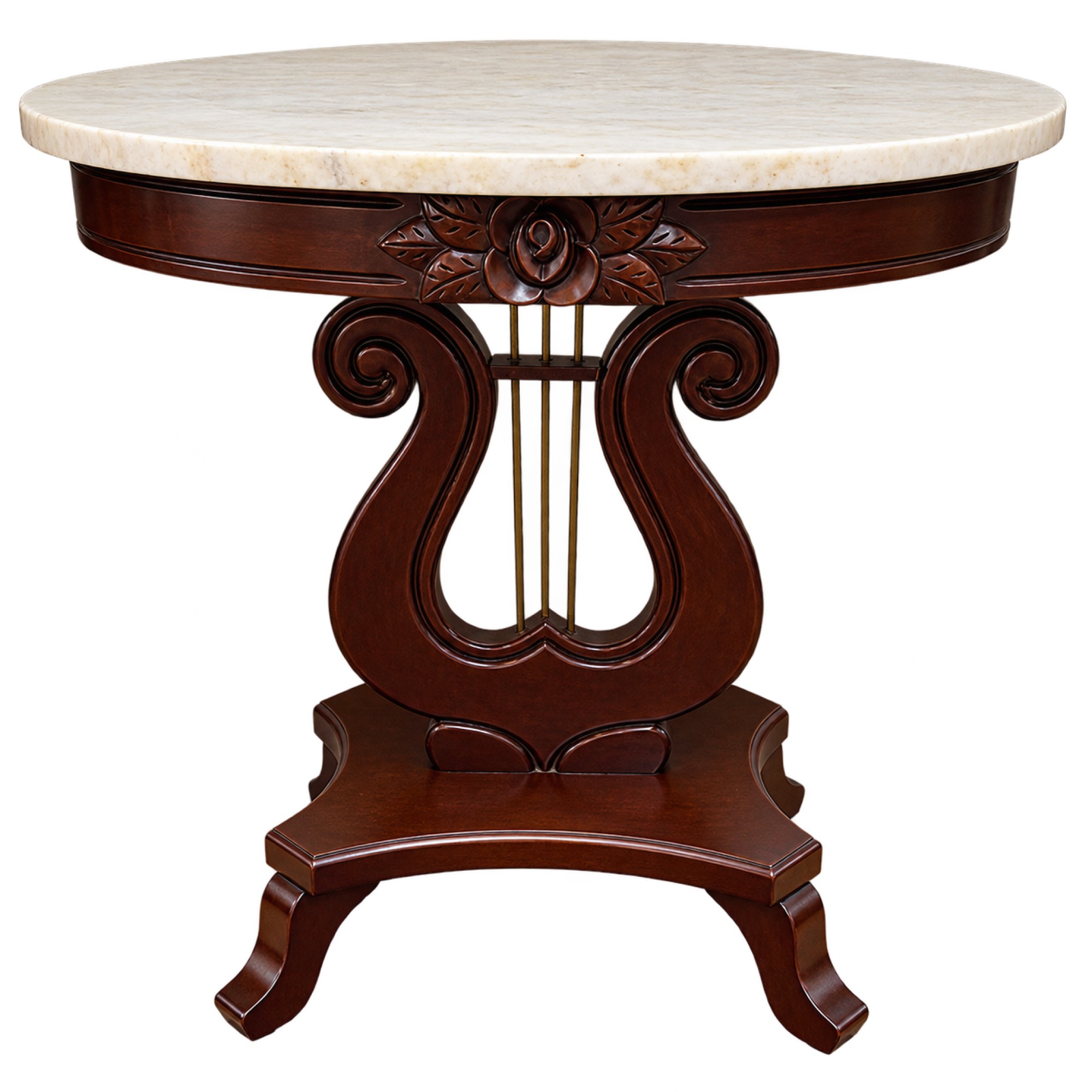 Oval Carved Mahogany Victorian Style Marble Top Side Table with Lyre Base Oval Carved Mahogany Victorian Style Marble Top Side Table with Lyre Base