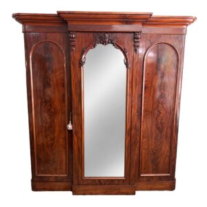 19th Century Flamed Mahogany Triple Wardrobe with Center Mirror & Fitted Interior