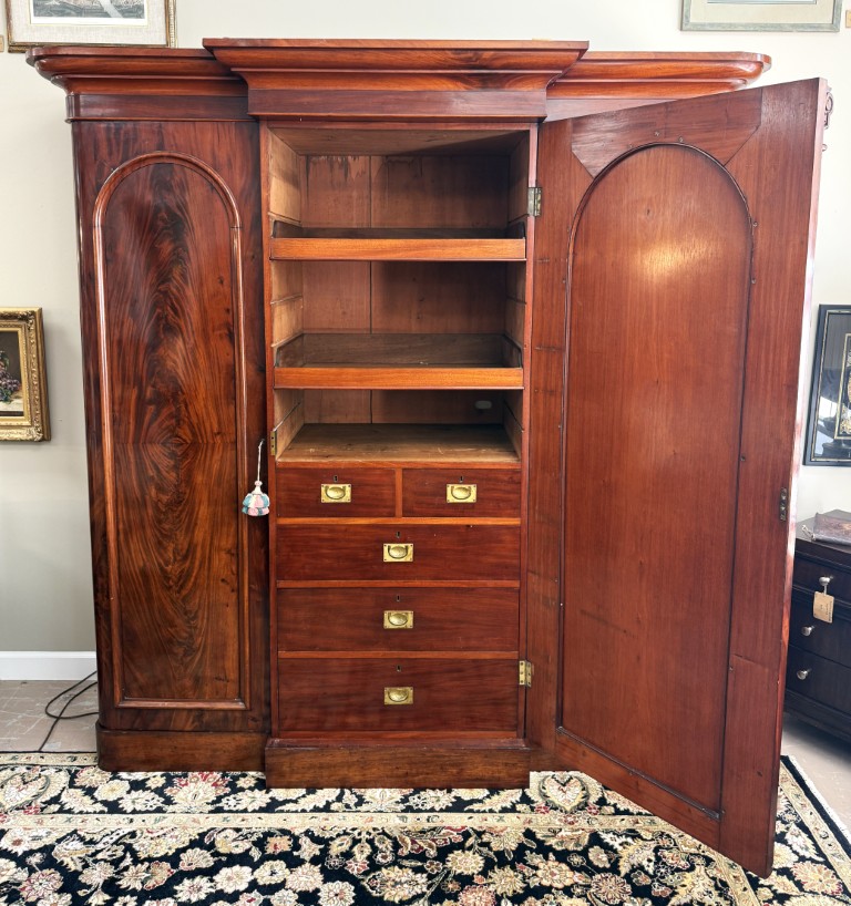 19th Century Flamed Mahogany Triple Wardrobe with Center Mirror & Fitted Interior 19th Century Flamed Mahogany Triple Wardrobe with Center Mirror & Fitted Interior