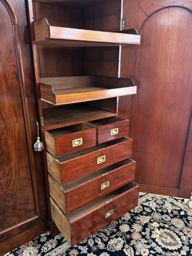 19th Century Flamed Mahogany Triple Wardrobe with Center Mirror & Fitted Interior 19th Century Flamed Mahogany Triple Wardrobe with Center Mirror & Fitted Interior