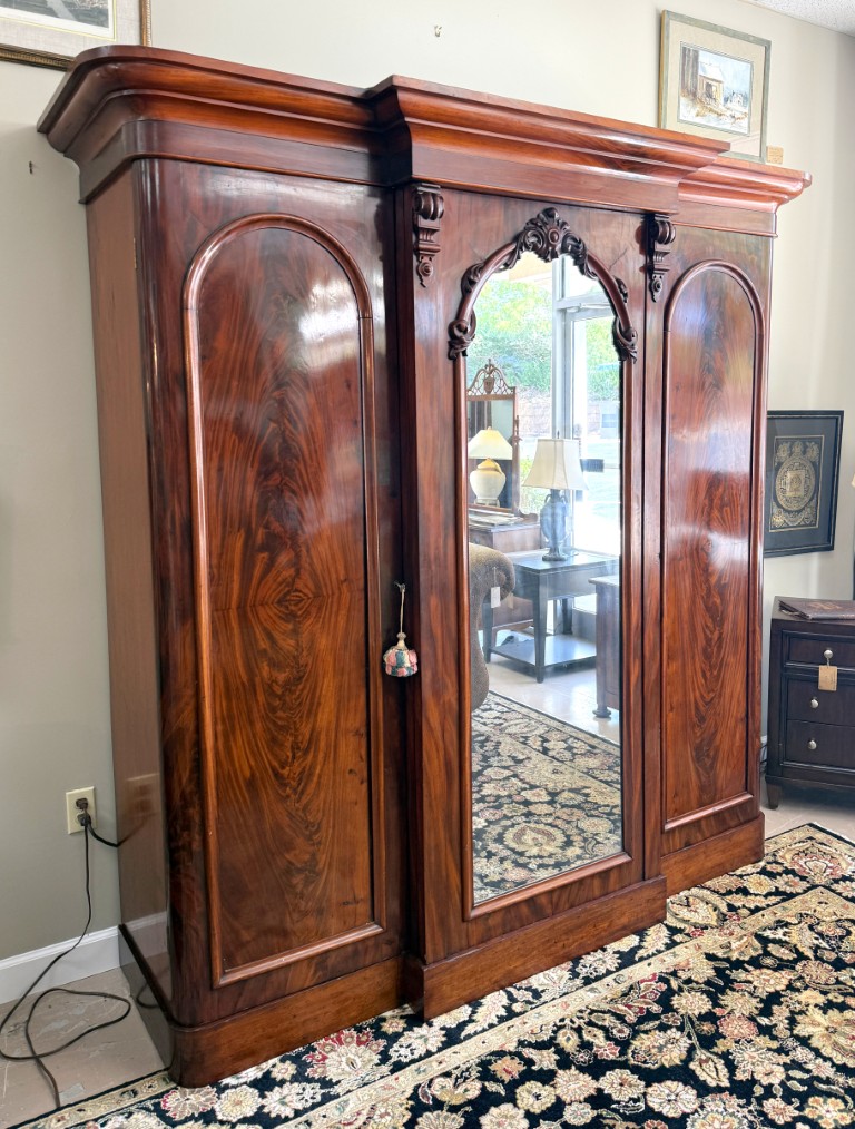 19th Century Flamed Mahogany Triple Wardrobe with Center Mirror & Fitted Interior 19th Century Flamed Mahogany Triple Wardrobe with Center Mirror & Fitted Interior