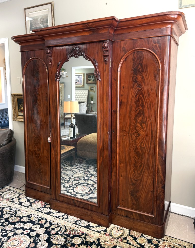 19th Century Flamed Mahogany Triple Wardrobe with Center Mirror & Fitted Interior 19th Century Flamed Mahogany Triple Wardrobe with Center Mirror & Fitted Interior