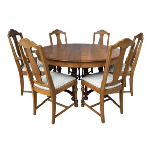 7 Piece Refinished Antique Oak Round Dining Set with Two Leaves
