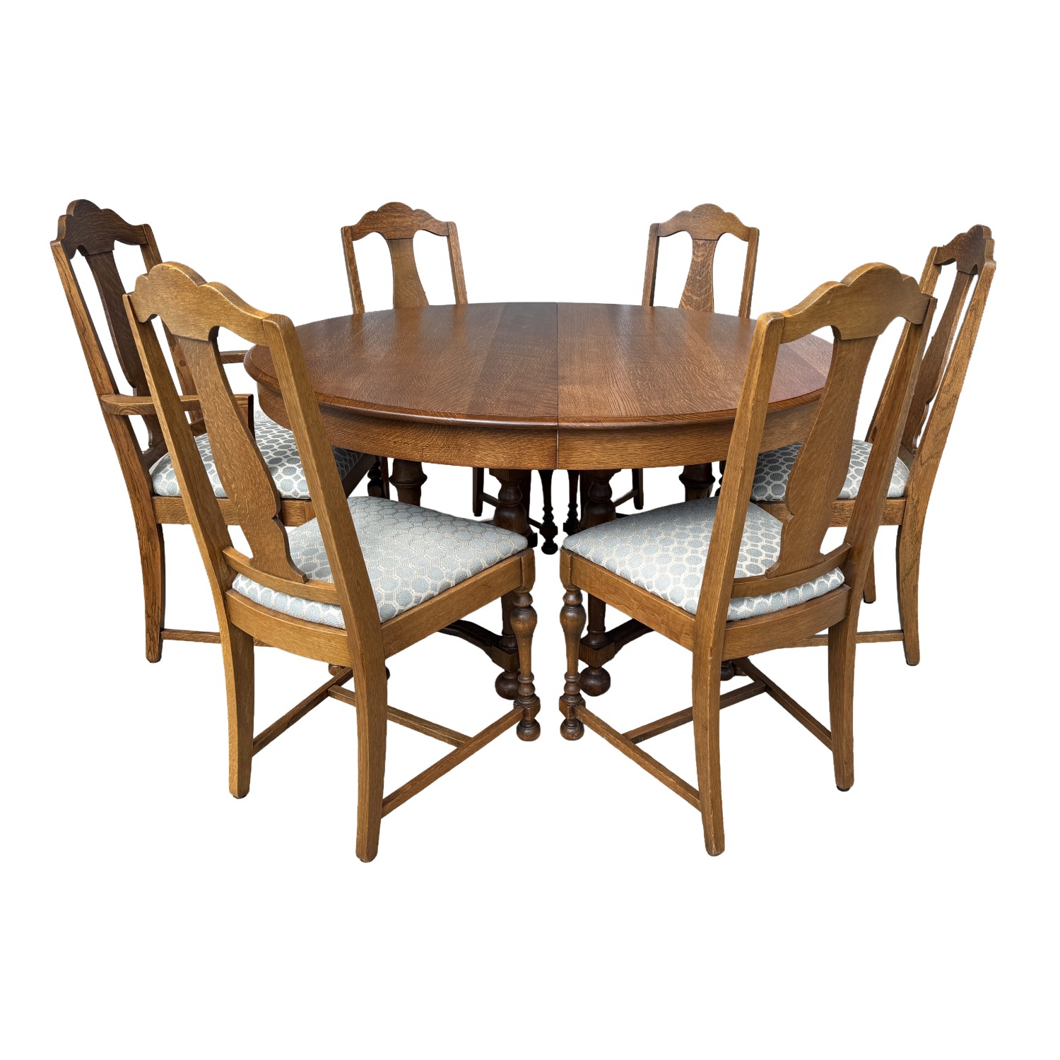 7 Piece Refinished Antique Oak Round Dining Set with Two Leaves 7 Piece Refinished Antique Oak Round Dining Set with Two Leaves