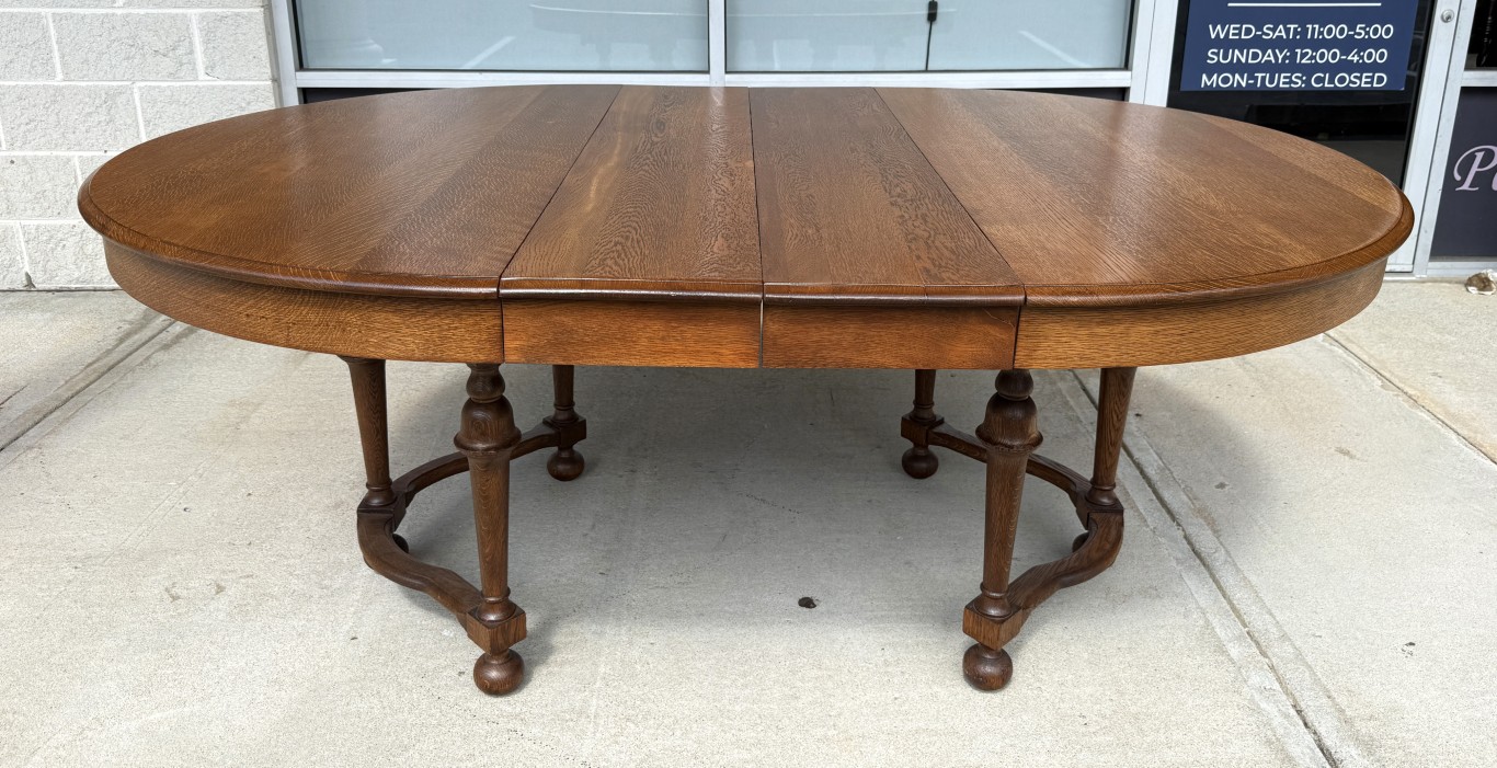 7 Piece Refinished Antique Oak Round Dining Set with Two Leaves 7 Piece Refinished Antique Oak Round Dining Set with Two Leaves