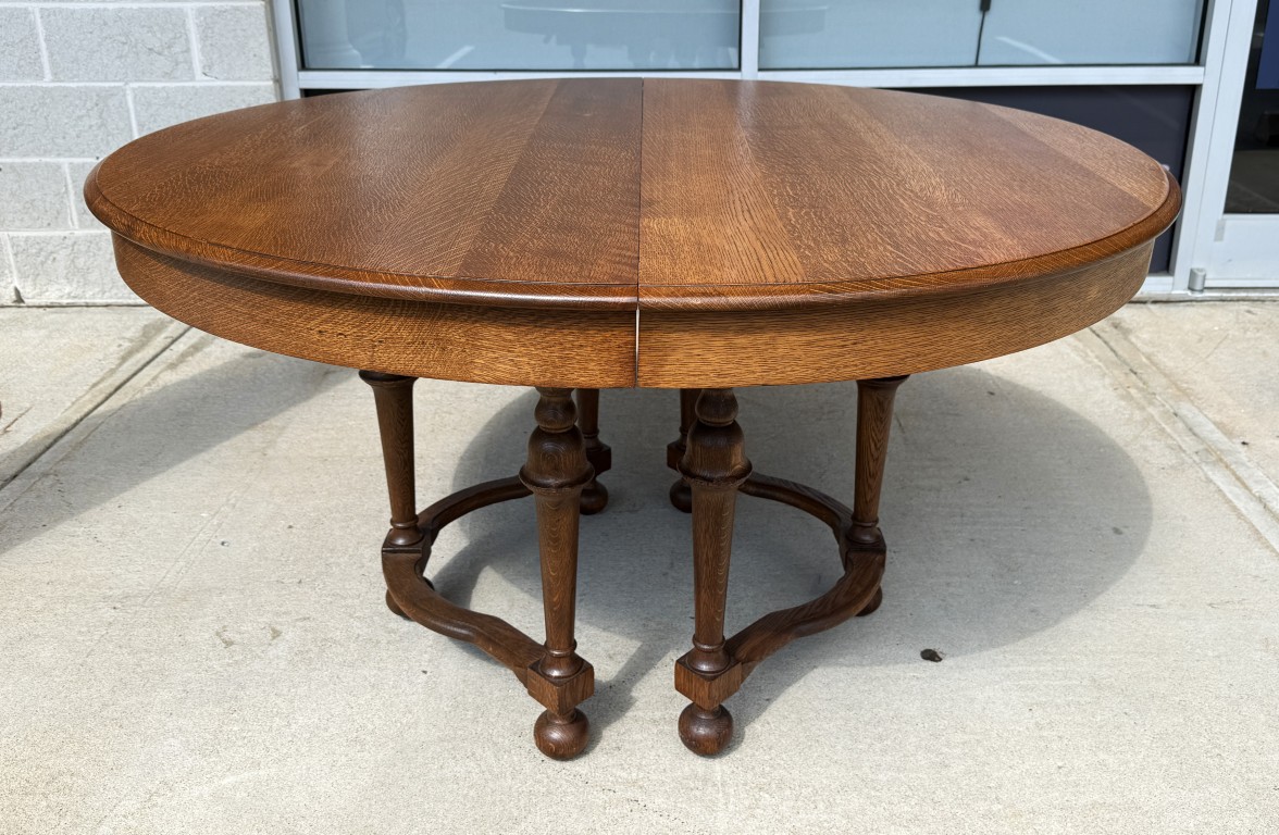 7 Piece Refinished Antique Oak Round Dining Set with Two Leaves 7 Piece Refinished Antique Oak Round Dining Set with Two Leaves