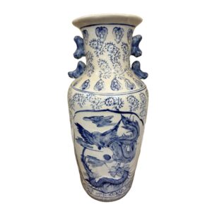 Porcelain Blue and White Asian Floor Vase with Dragon and Eagle Motif
