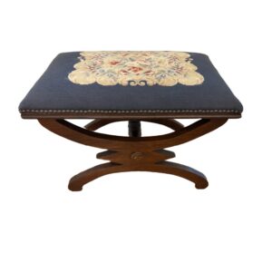 Antique Needlepoint Stool/Bench with Curved Mahogany Base and Nail Head Trim