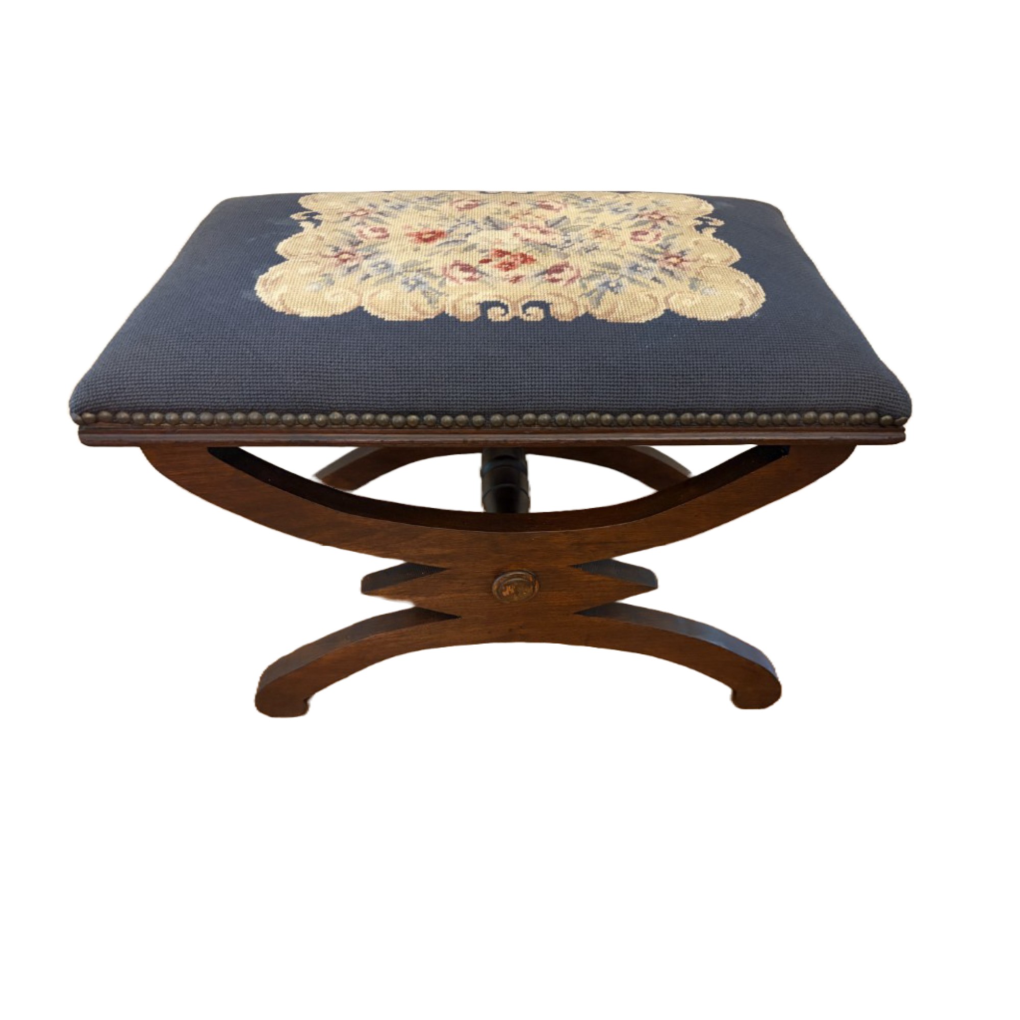 Antique Needlepoint Stool/Bench with Curved Mahogany Base and Nail Head Trim Antique Needlepoint Stool/Bench with Curved Mahogany Base and Nail Head Trim