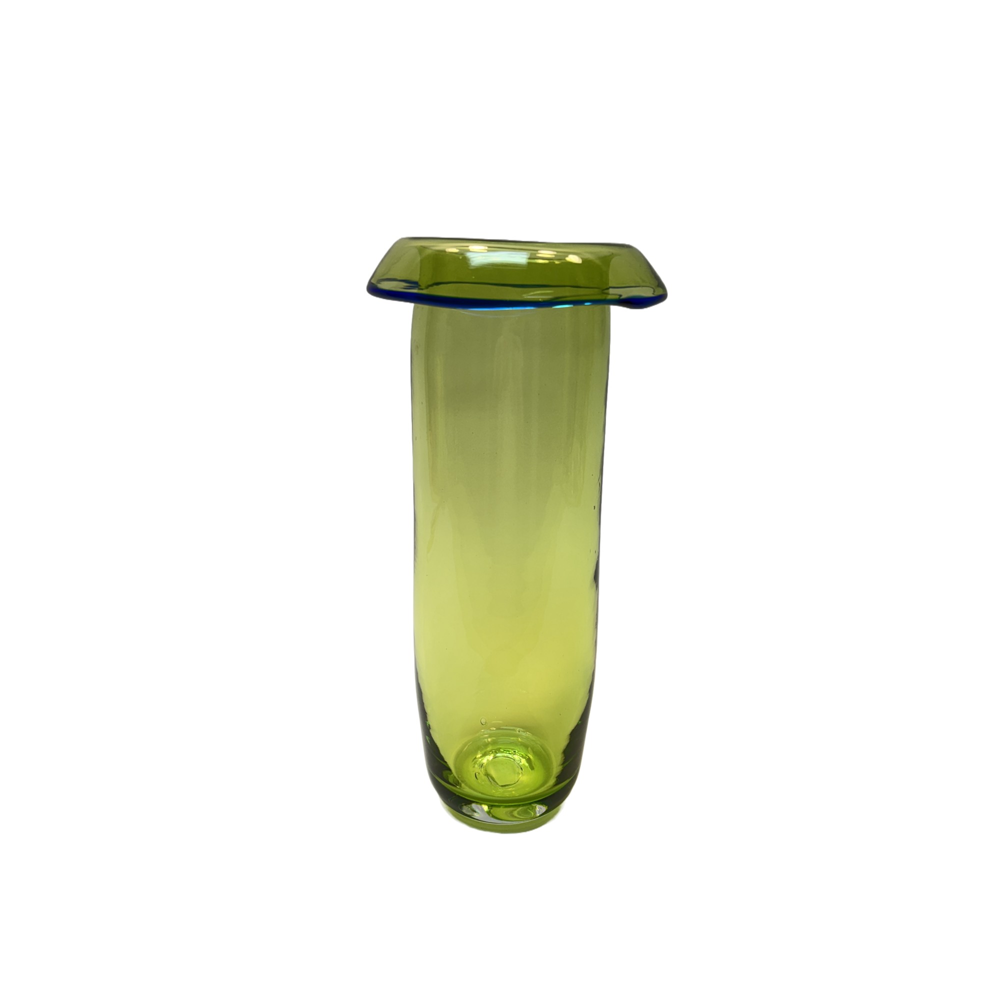 Green Art Glass Vase with Cobalt Rimmed Rolled Edge Green Art Glass Vase with Cobalt Rimmed Rolled Edge