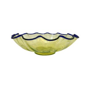 Green Vaseline Glass Footed Ruffled Bowl with Cobalt Crest