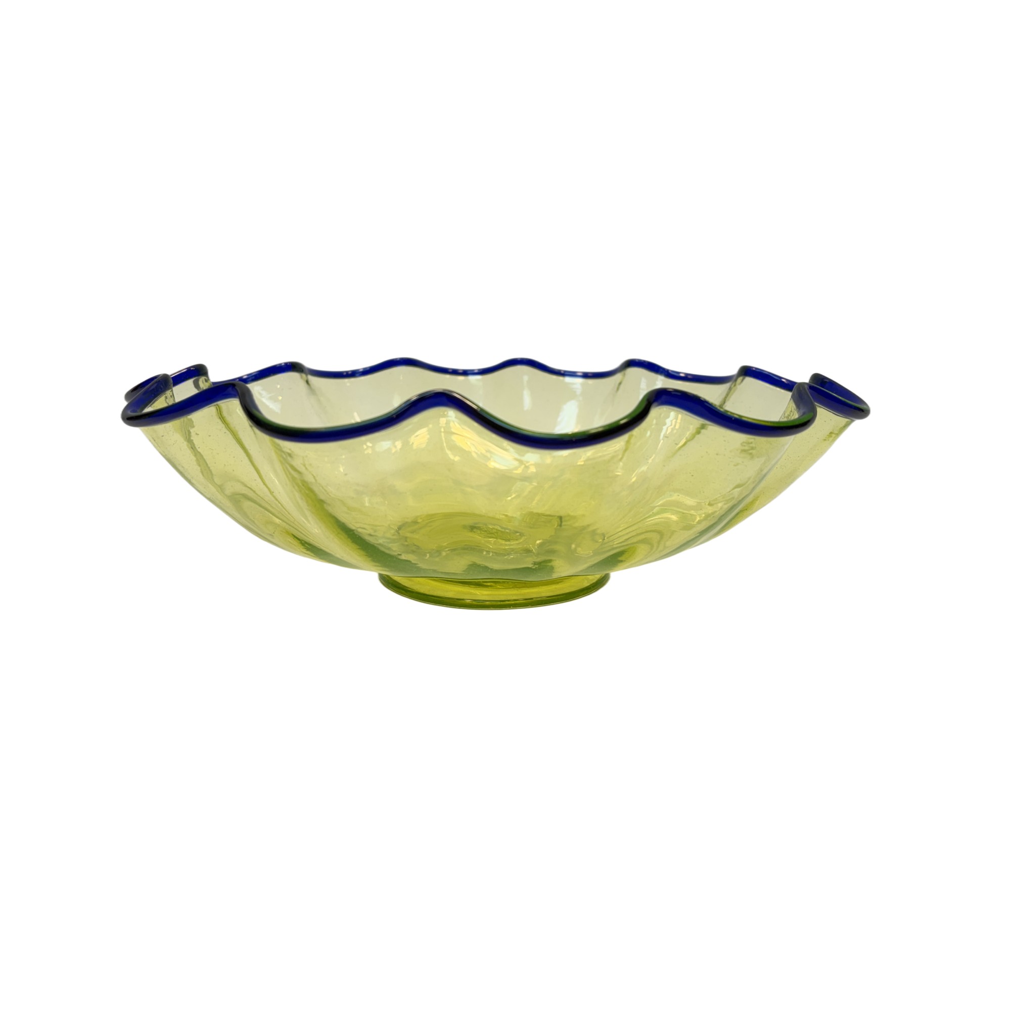 Green Vaseline Glass Footed Ruffled Bowl with Cobalt Crest Green Vaseline Glass Footed Ruffled Bowl with Cobalt Crest
