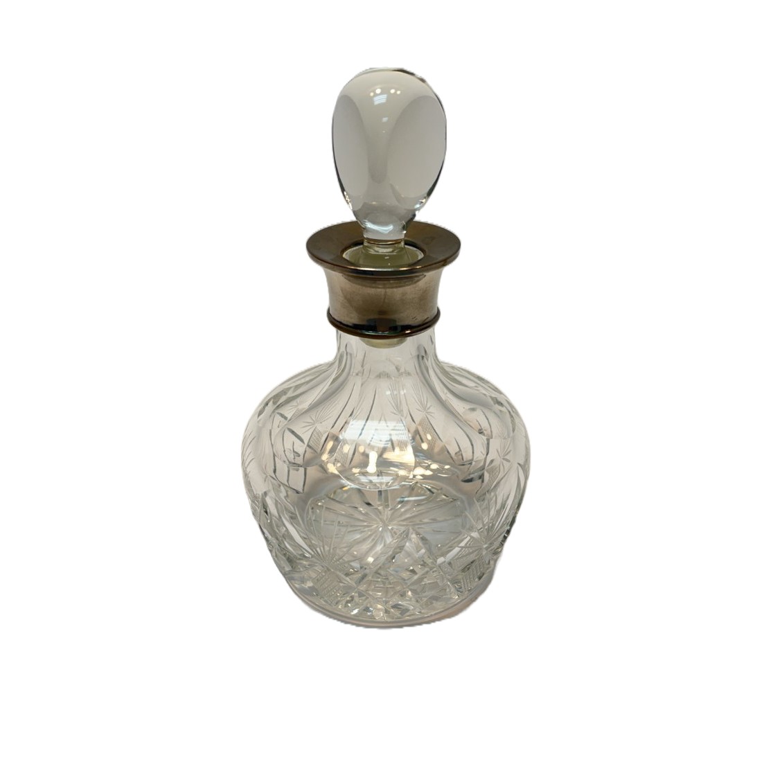 Antique Cut Crystal Decanter with Silverplate Collar and Heavy Triangular Stopper Antique Cut Crystal Decanter with Silverplate Collar and Heavy Triangular Stopper