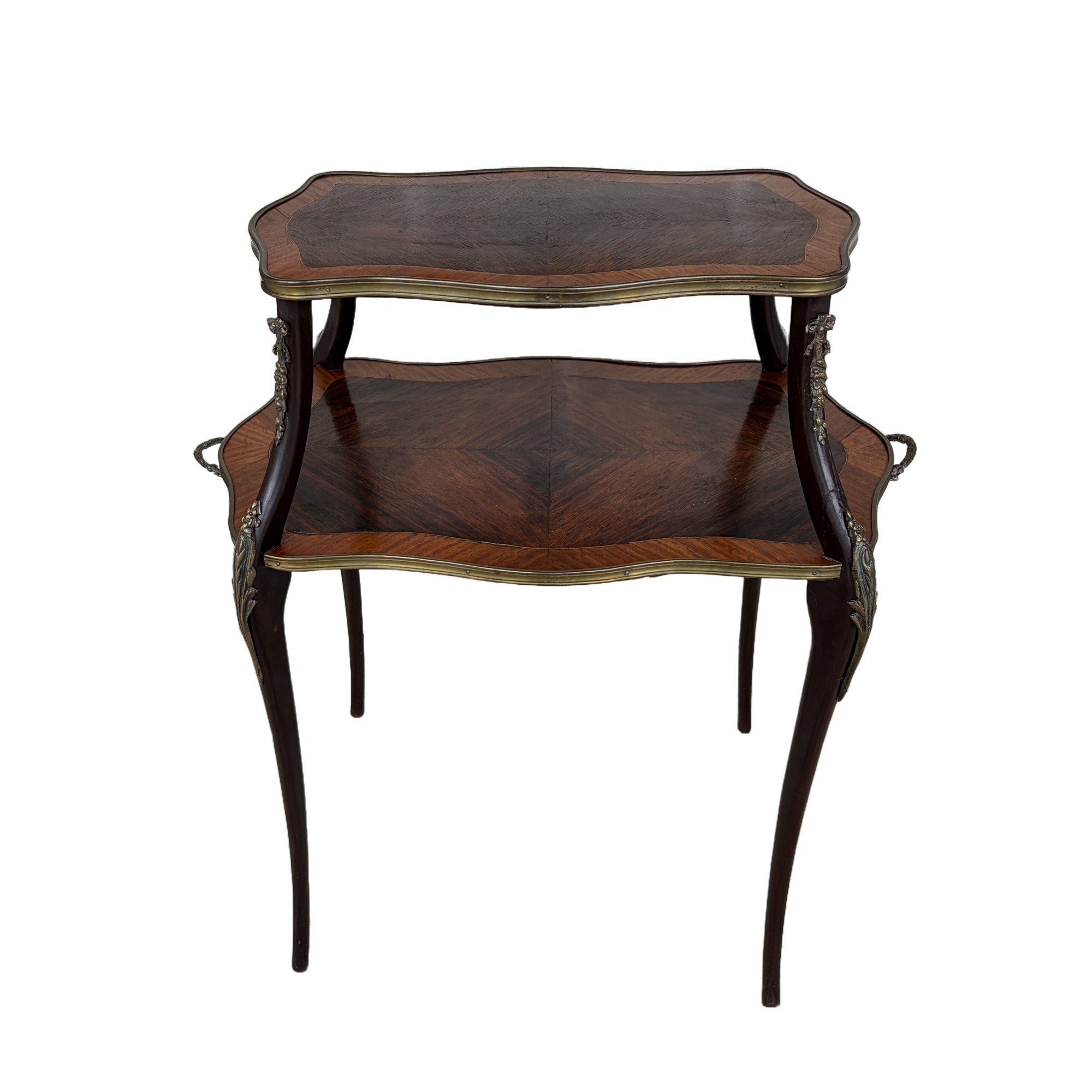 French Antique Rosewood Two Tier Stand with Brass Ormolu and Handles French Antique Rosewood Two Tier Stand with Brass Ormolu and Handles