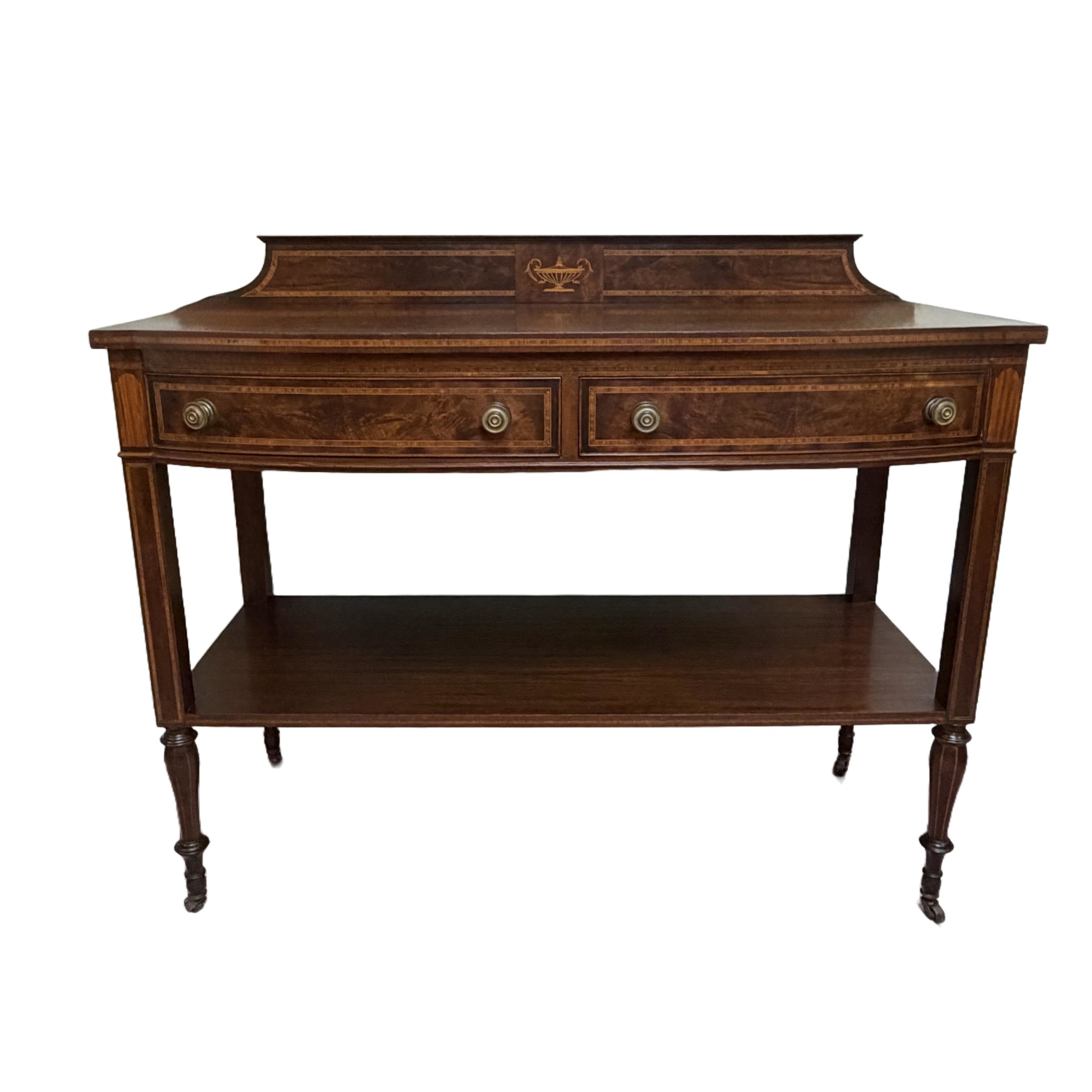 Adams Style Two Drawer Bow Front Mahogany Server with Inlay Adams Style Two Drawer Bow Front Mahogany Server with Inlay