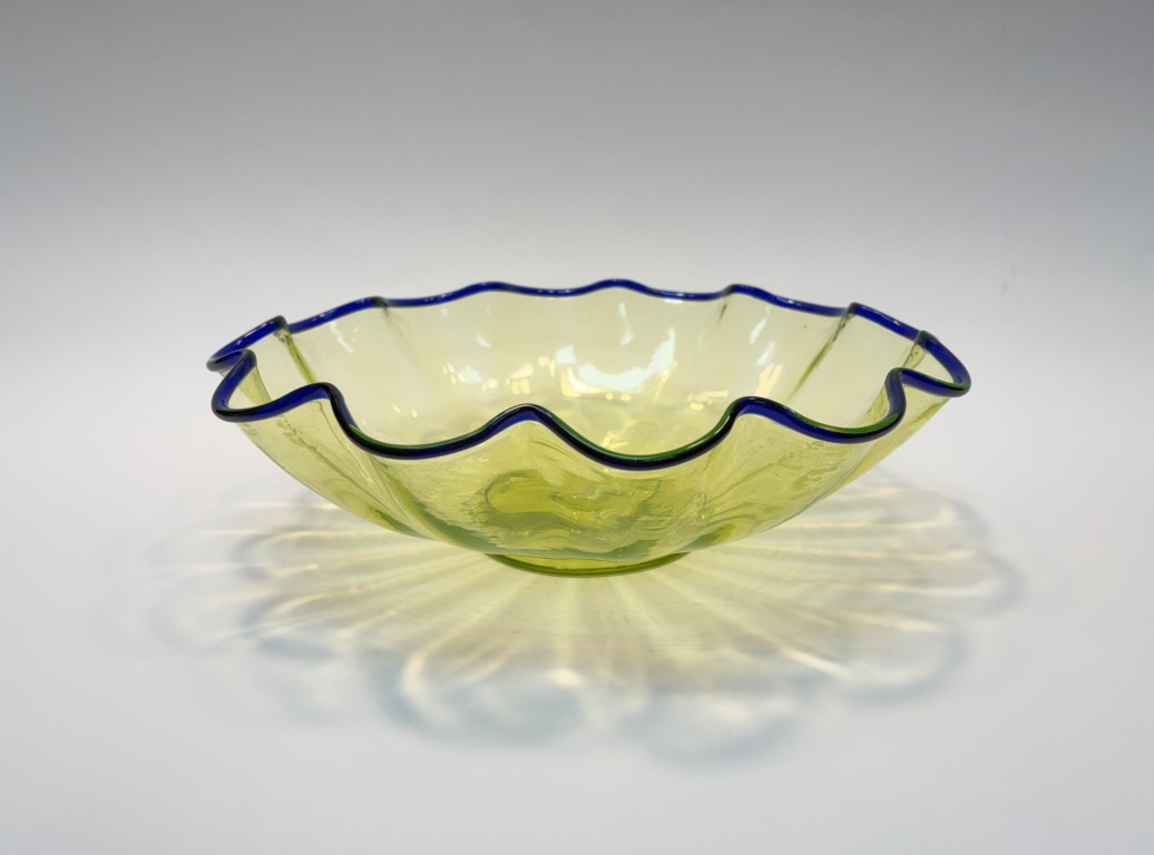 Green Vaseline Glass Footed Ruffled Bowl with Cobalt Crest Green Vaseline Glass Footed Ruffled Bowl with Cobalt Crest