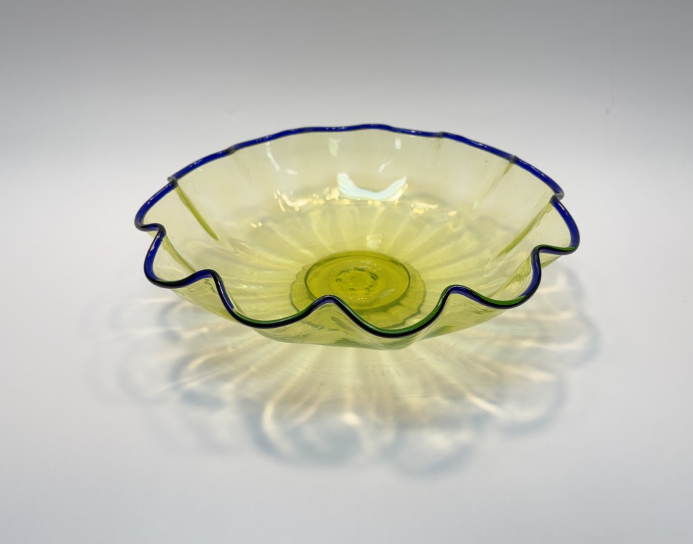 Green Vaseline Glass Footed Ruffled Bowl with Cobalt Crest Green Vaseline Glass Footed Ruffled Bowl with Cobalt Crest