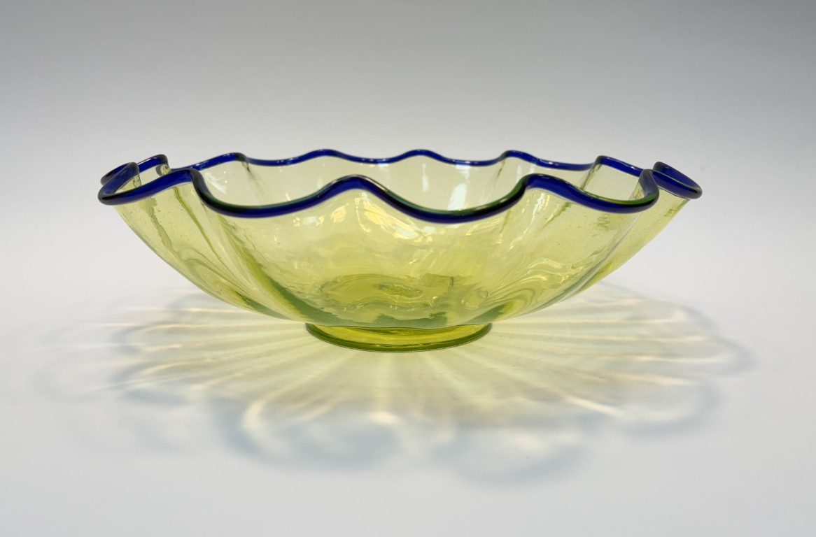 Green Vaseline Glass Footed Ruffled Bowl with Cobalt Crest Green Vaseline Glass Footed Ruffled Bowl with Cobalt Crest