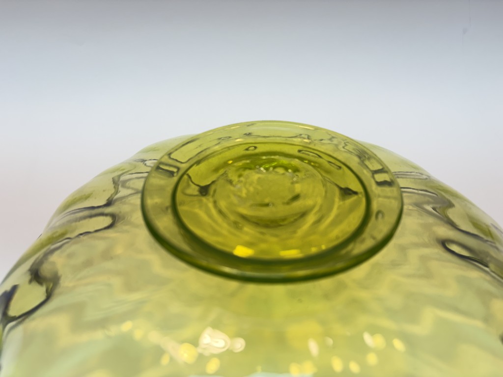 Green Vaseline Glass Footed Ruffled Bowl with Cobalt Crest Green Vaseline Glass Footed Ruffled Bowl with Cobalt Crest