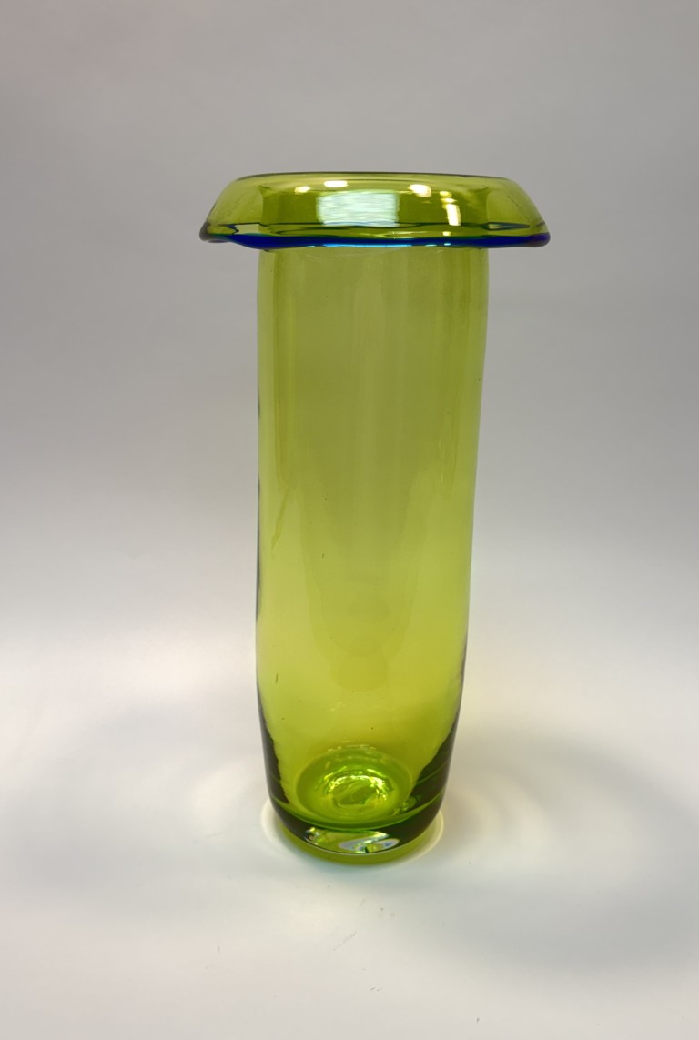Green Art Glass Vase with Cobalt Rimmed Rolled Edge Green Art Glass Vase with Cobalt Rimmed Rolled Edge