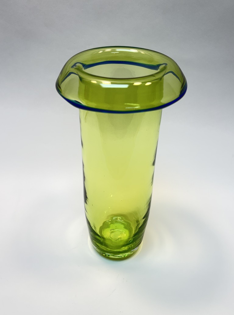 Green Art Glass Vase with Cobalt Rimmed Rolled Edge Green Art Glass Vase with Cobalt Rimmed Rolled Edge