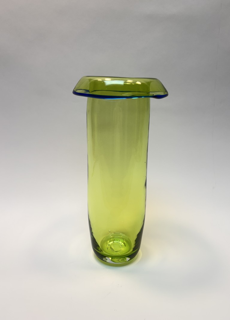 Green Art Glass Vase with Cobalt Rimmed Rolled Edge Green Art Glass Vase with Cobalt Rimmed Rolled Edge