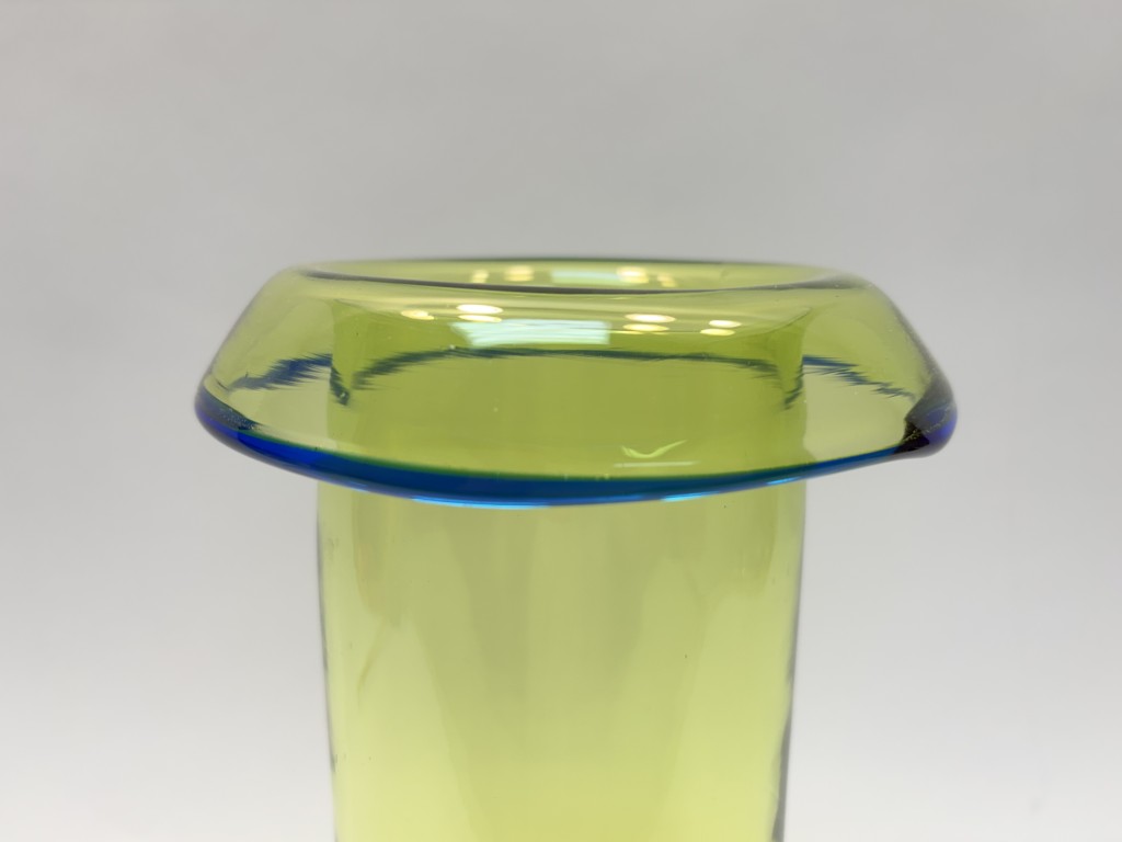 Green Art Glass Vase with Cobalt Rimmed Rolled Edge Green Art Glass Vase with Cobalt Rimmed Rolled Edge