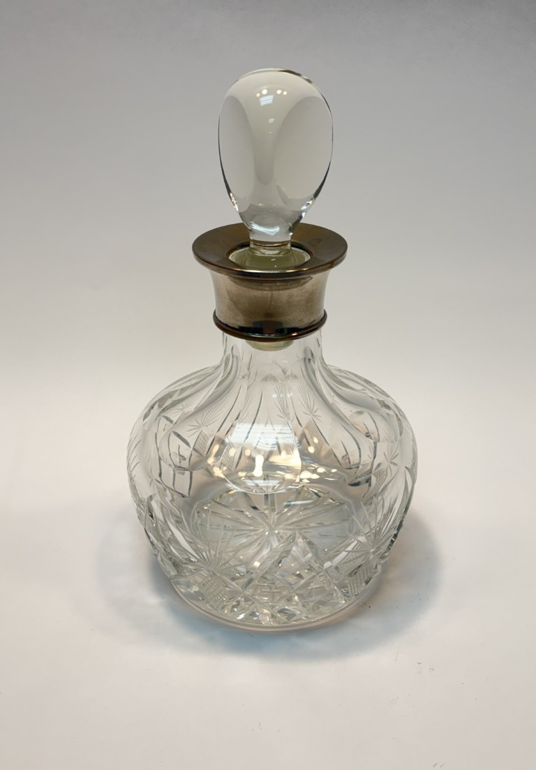 Antique Cut Crystal Decanter with Silverplate Collar and Heavy Triangular Stopper Antique Cut Crystal Decanter with Silverplate Collar and Heavy Triangular Stopper