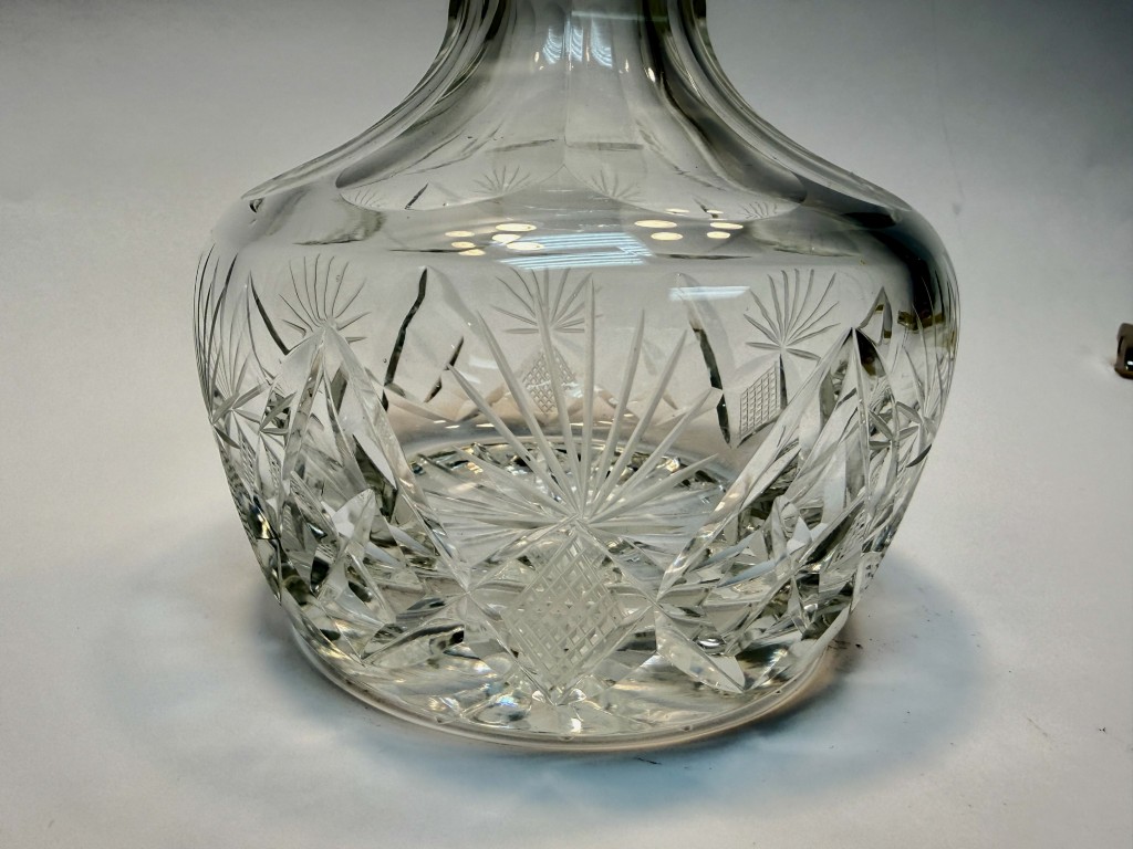 Antique Cut Crystal Decanter with Silverplate Collar and Heavy Triangular Stopper Antique Cut Crystal Decanter with Silverplate Collar and Heavy Triangular Stopper