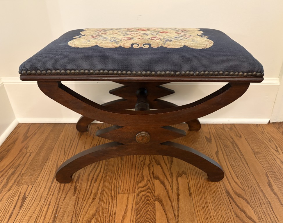 Antique Needlepoint Stool/Bench with Curved Mahogany Base and Nail Head Trim Antique Needlepoint Stool/Bench with Curved Mahogany Base and Nail Head Trim