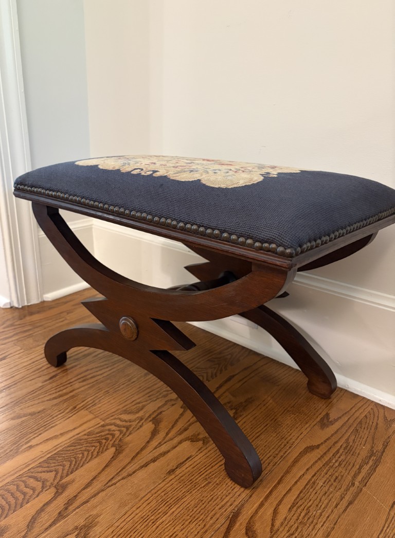 Antique Needlepoint Stool/Bench with Curved Mahogany Base and Nail Head Trim Antique Needlepoint Stool/Bench with Curved Mahogany Base and Nail Head Trim