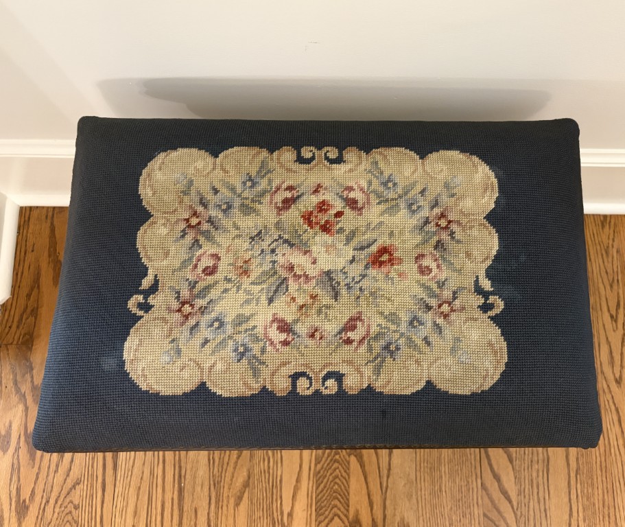 Antique Needlepoint Stool/Bench with Curved Mahogany Base and Nail Head Trim Antique Needlepoint Stool/Bench with Curved Mahogany Base and Nail Head Trim