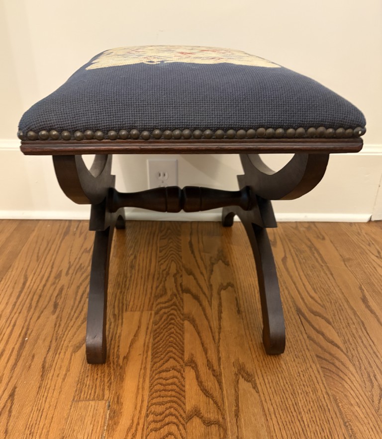 Antique Needlepoint Stool/Bench with Curved Mahogany Base and Nail Head Trim Antique Needlepoint Stool/Bench with Curved Mahogany Base and Nail Head Trim