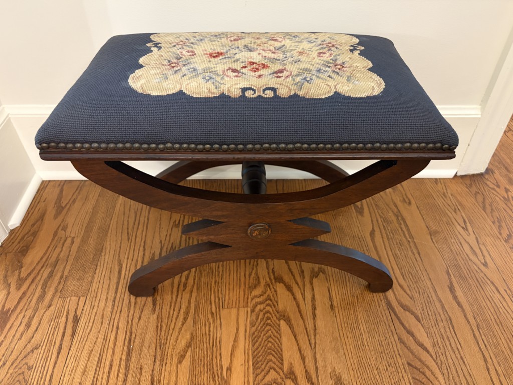 Antique Needlepoint Stool/Bench with Curved Mahogany Base and Nail Head Trim Antique Needlepoint Stool/Bench with Curved Mahogany Base and Nail Head Trim