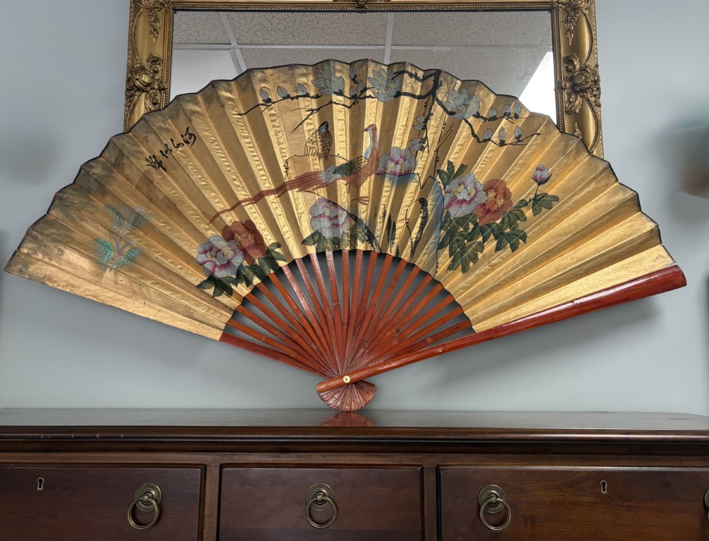 Large Hand Painted Rice Paper Asian Fan with Bamboo Frame Large Hand Painted Rice Paper Asian Fan with Bamboo Frame