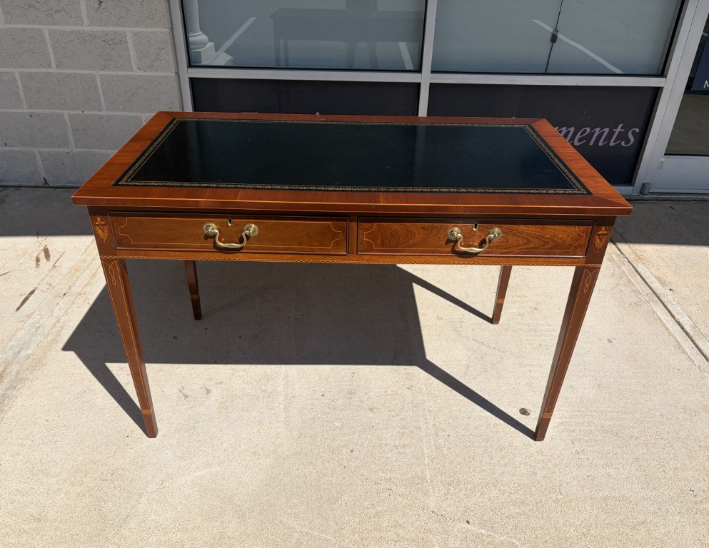 Mahogany Desk with Two Drawers, Inlay and Tooled Leather Top Mahogany Desk with Two Drawers, Inlay and Tooled Leather Top