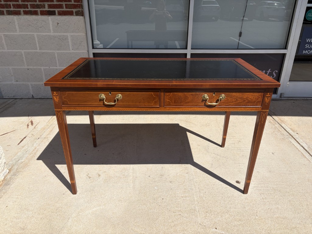 Mahogany Desk with Two Drawers, Inlay and Tooled Leather Top Mahogany Desk with Two Drawers, Inlay and Tooled Leather Top