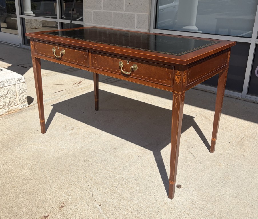 Mahogany Desk with Two Drawers, Inlay and Tooled Leather Top Mahogany Desk with Two Drawers, Inlay and Tooled Leather Top