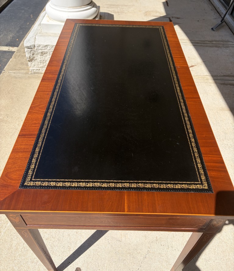 Mahogany Desk with Two Drawers, Inlay and Tooled Leather Top Mahogany Desk with Two Drawers, Inlay and Tooled Leather Top