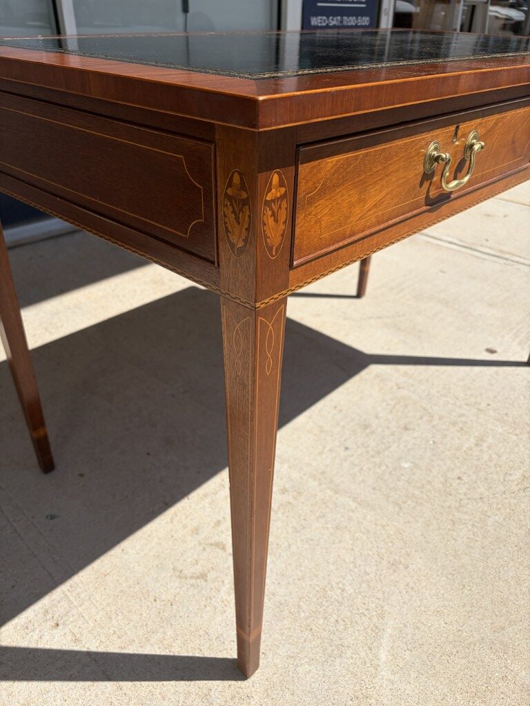 Mahogany Desk with Two Drawers, Inlay and Tooled Leather Top Mahogany Desk with Two Drawers, Inlay and Tooled Leather Top