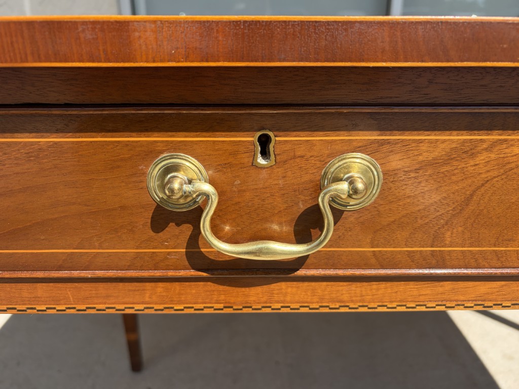 Mahogany Desk with Two Drawers, Inlay and Tooled Leather Top Mahogany Desk with Two Drawers, Inlay and Tooled Leather Top