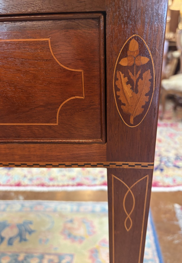 Mahogany Desk with Two Drawers, Inlay and Tooled Leather Top Mahogany Desk with Two Drawers, Inlay and Tooled Leather Top