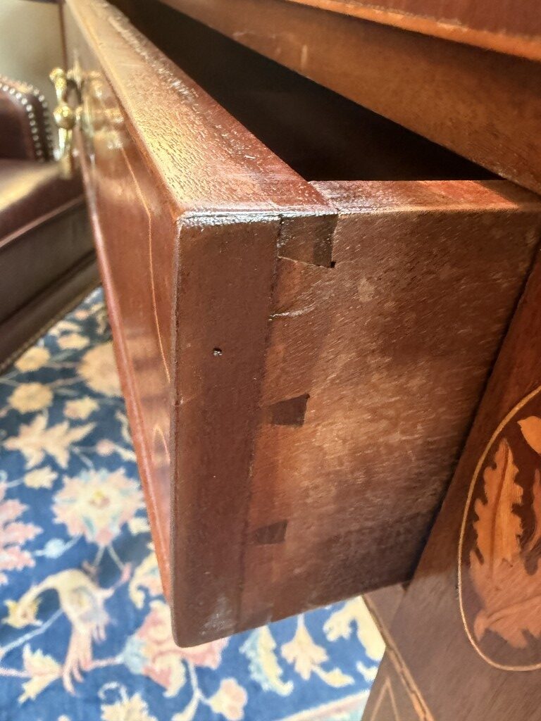 Mahogany Desk with Two Drawers, Inlay and Tooled Leather Top Mahogany Desk with Two Drawers, Inlay and Tooled Leather Top