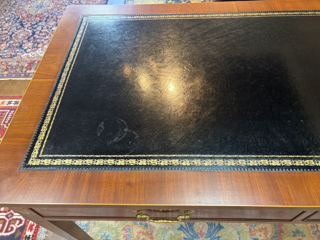 Mahogany Desk with Two Drawers, Inlay and Tooled Leather Top Mahogany Desk with Two Drawers, Inlay and Tooled Leather Top